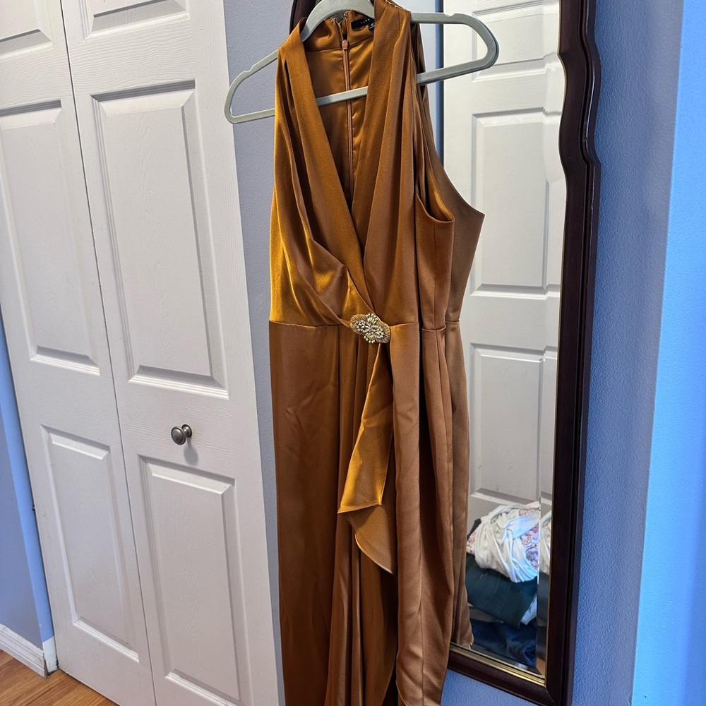 Alex Marie Gold Asymmetrical Halter Gown